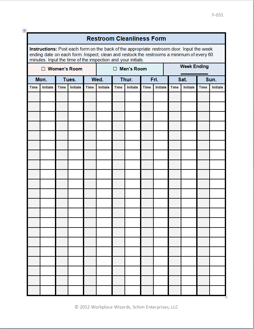 Bathroom Inspection Sheet